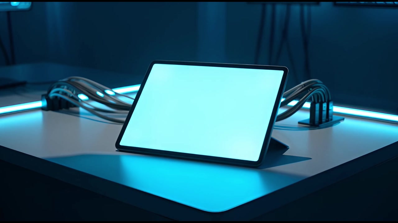 Tablet moderno con display greenscreen vuoto su scrivania futuristica