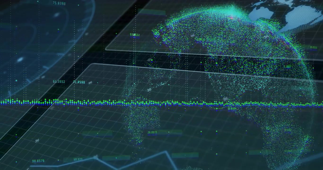 3D data globe hovering over translucent grid planes, showcasing multicolored clusters and waveform