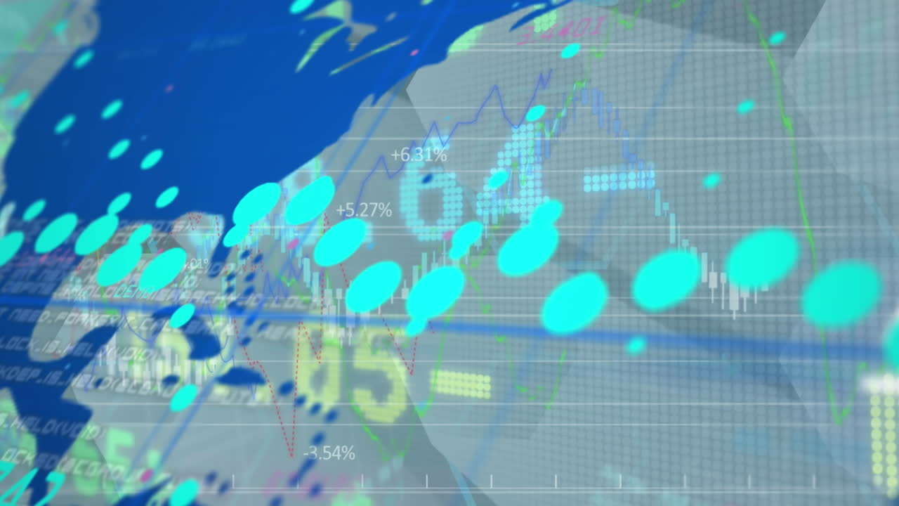 회색 배경에 있는 세계 지도 위에 있는 금융 데이터의 애니메이션