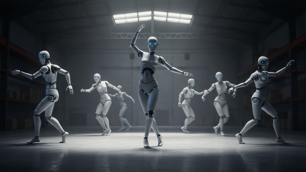 Futuristic Dance Performance by Humanoid Robots in an Industrial Setting with Dramatic Lighting Showcasing Fluid Movements and Mechanics