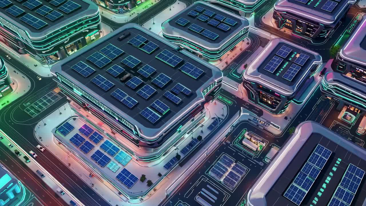 Futuristic cityscape with solar panels on rooftops. Modern architecture, solar energy, and urban