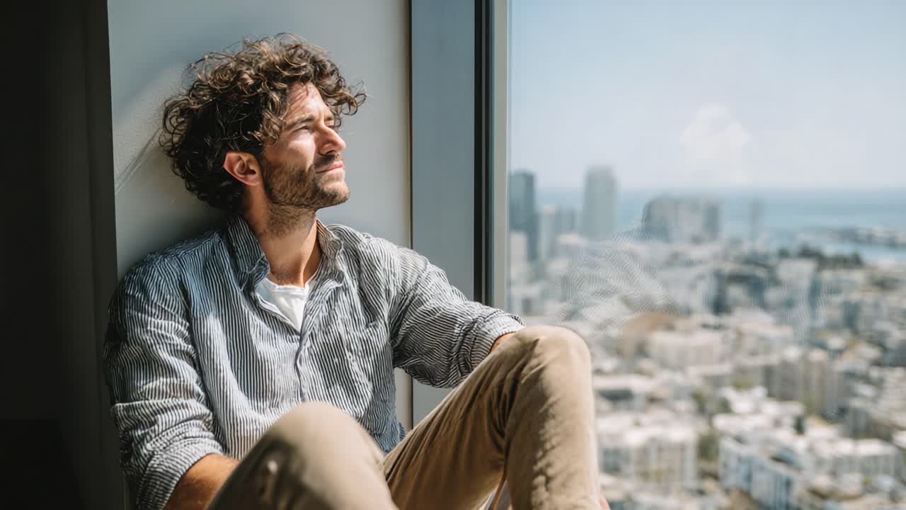 A contemplative moment captured in a serene urban setting, showcasing a man gazing thoughtfully out of a large window, lost in reflection amidst a vibrant cityscape