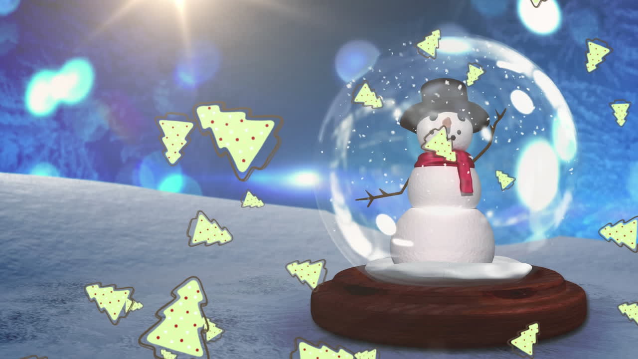 varios iconos de árboles de navidad cayendo contra el muñeco de nieve en un globo de nieve en el paisaje de invierno