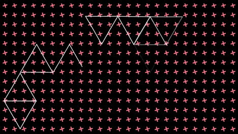 animación de triángulos de líneas blancas que se mueven sobre una cuadrícula de cruces rosadas en fondo negro