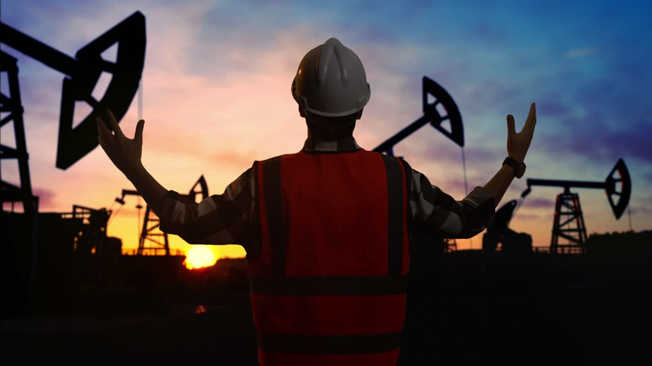 vista trasera de un ingeniero masculino con casco de seguridad extendiendo los brazos mientras está de pie frente a las bombas de aceite, durante la puesta o salida del sol