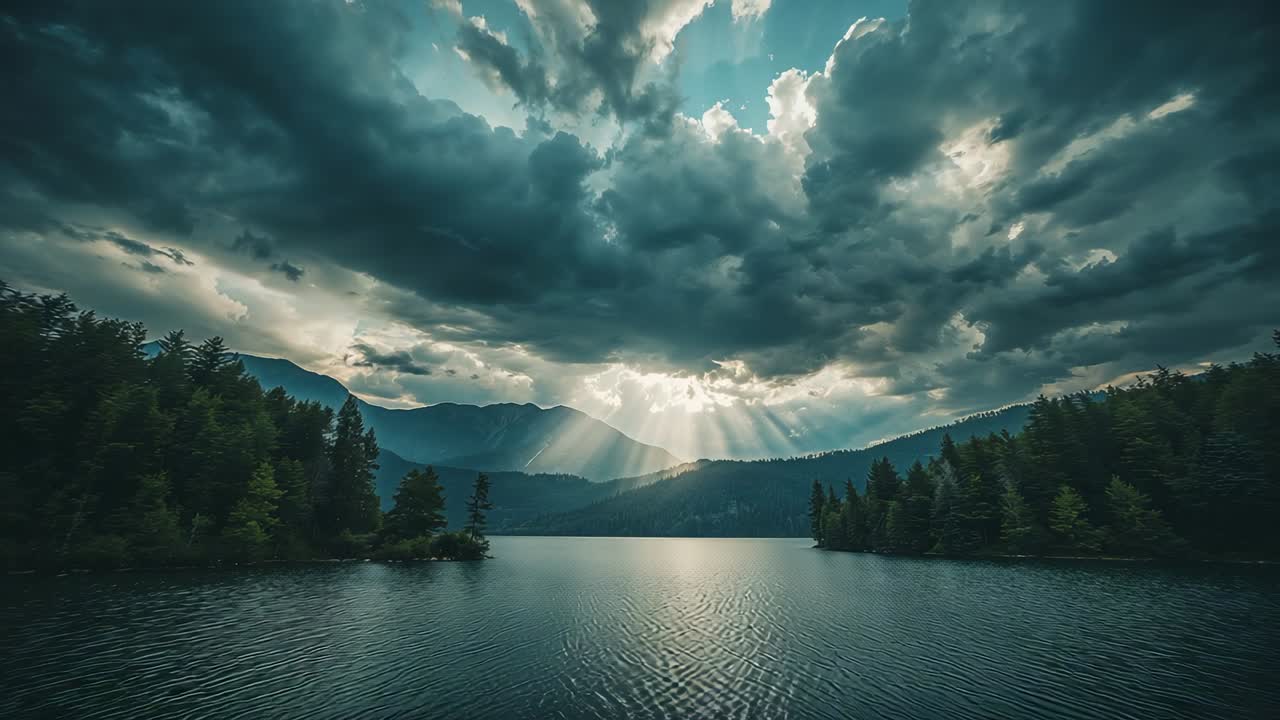 Breaking clouds over mountain lake amid conifer trees, sunbeams lighting distant ridge and ripples