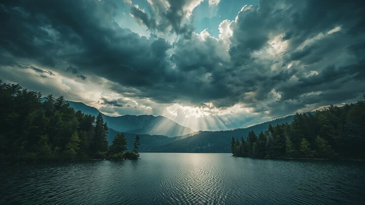 Nubi che si diradano sopra un lago di montagna tra conifere, raggi di sole che illuminano la cresta distante e le increspature