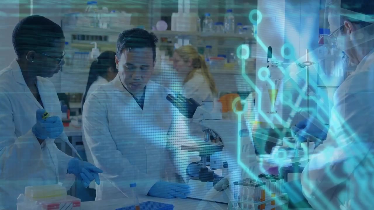 Animation of computer circuit board, dna strand and data over diverse scientists in laboratory