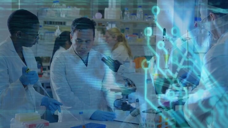 Animation of computer circuit board, dna strand and data over diverse scientists in laboratory