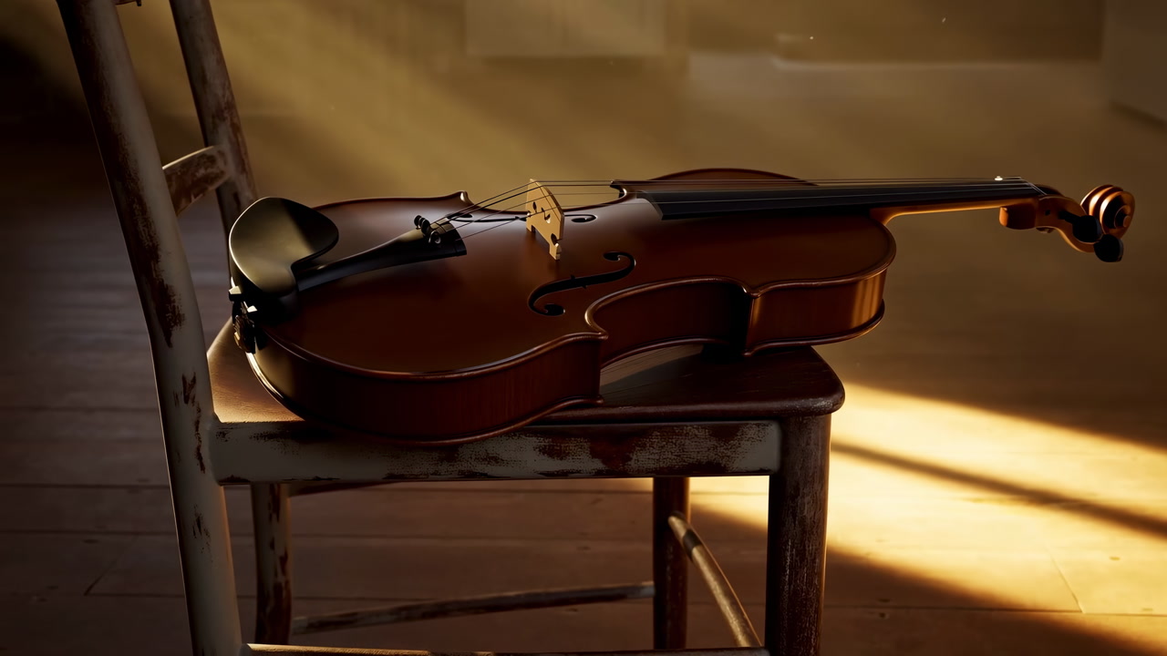 Sunlit Violin Resting On Wooden Chair, Warm Golden Light Streaming Across Floor, Varnished Spruce Body