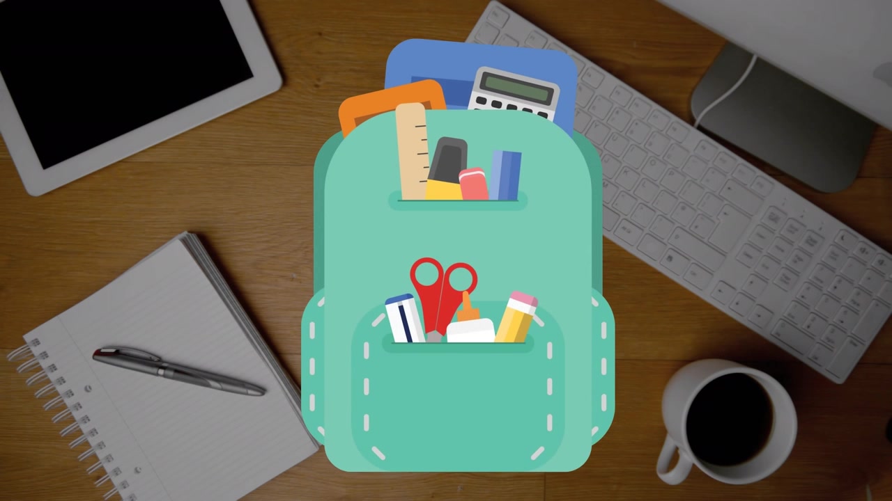 Animasi ikon perlengkapan sekolah di atas meja dengan tablet, ponsel pintar, keyboard, buku catatan, dan kopi.