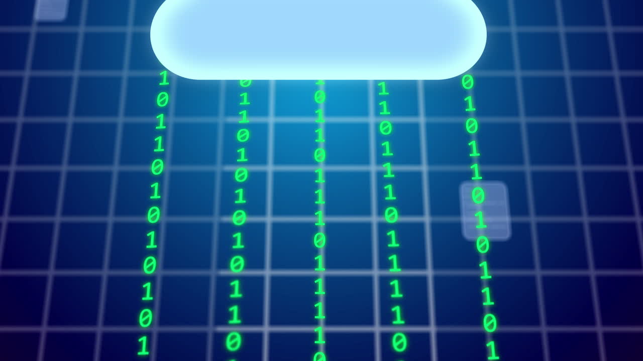 Animation of computer and cloud icons over data processing on blue background