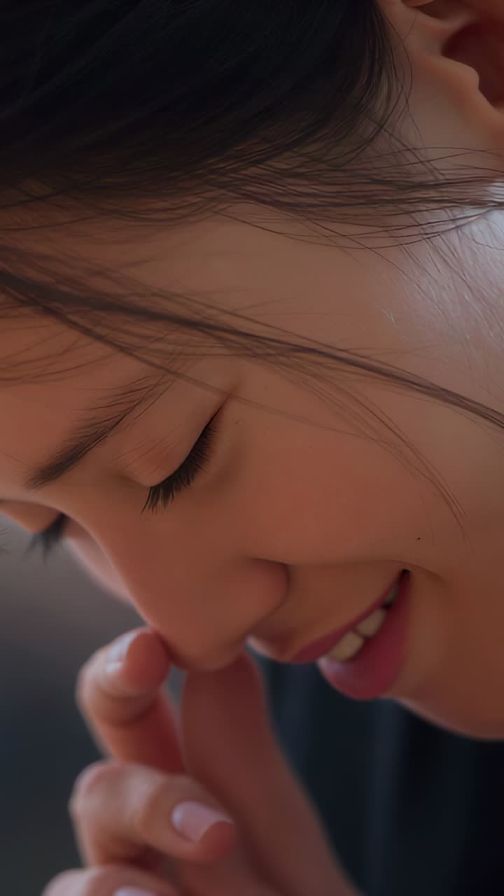 Vertical video: Touching fingertip, woman in dark top softening expression in warm room as comfort