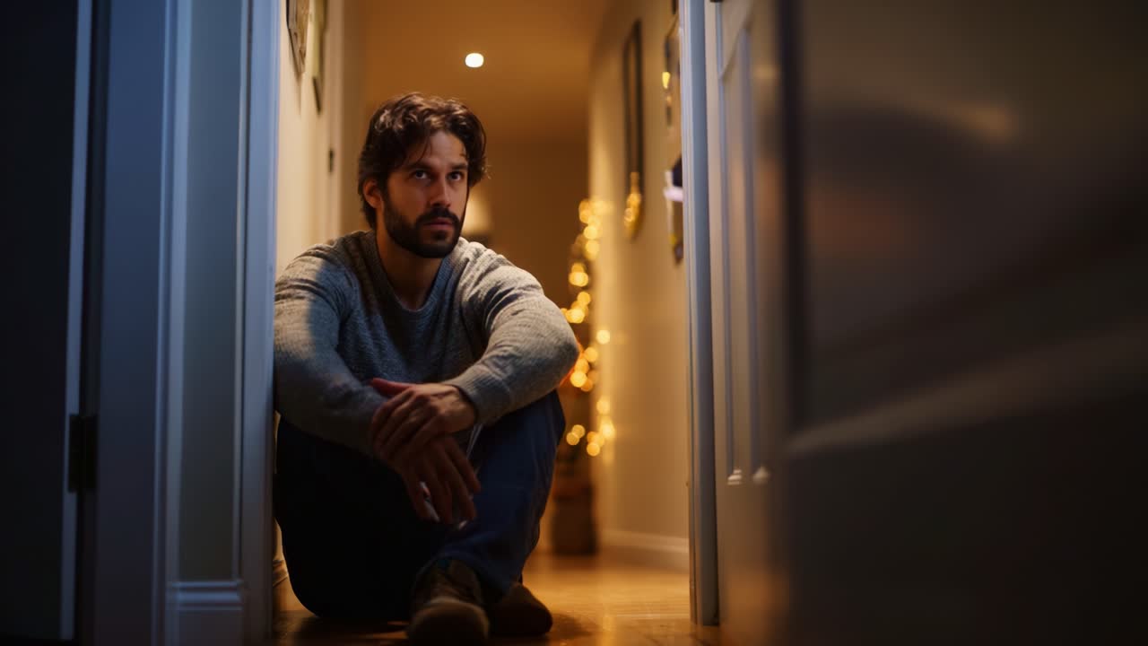 A contemplative man sits peacefully in a dimly lit hallway, showcasing introspection and solitude during a tranquil moment amidst holiday decorations