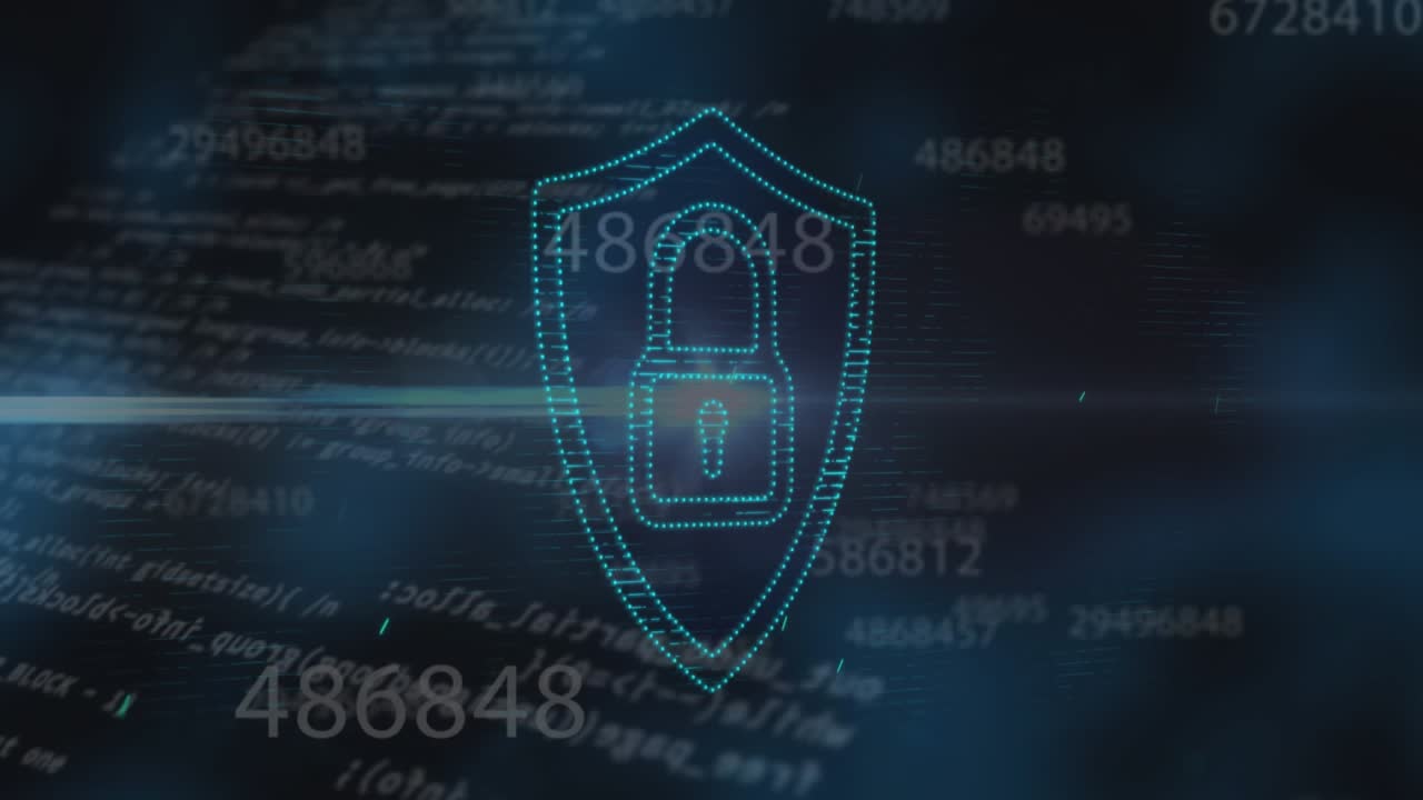 Animation of security padlock icon, changing numbers, data processing, light spot on blue background