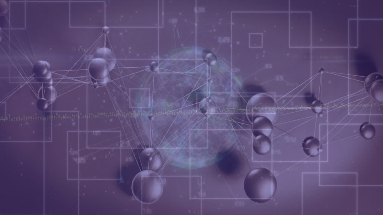 Abstract network of connected spheres and lines over digital globe animation