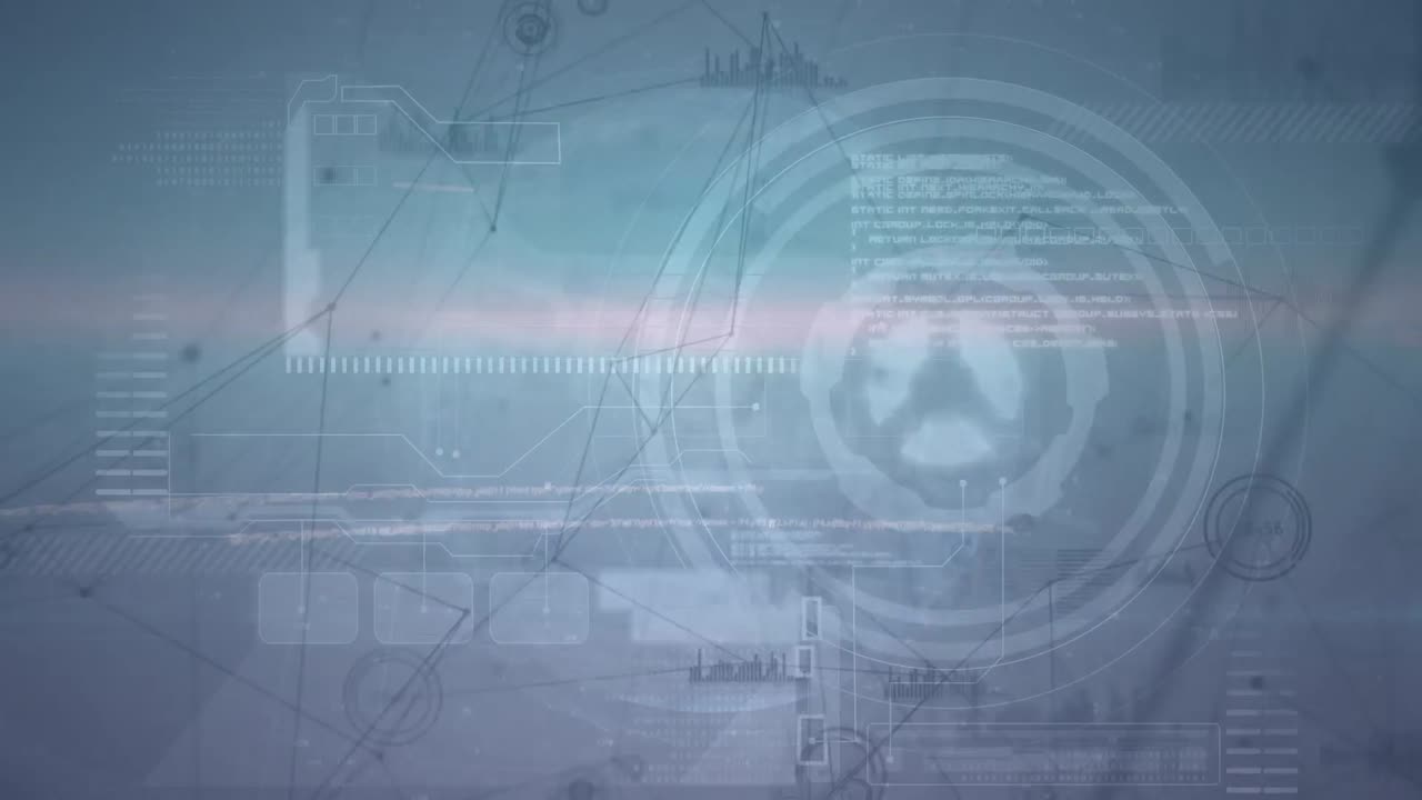 Animation of lines connecting dots against data processing with hud on digital interface