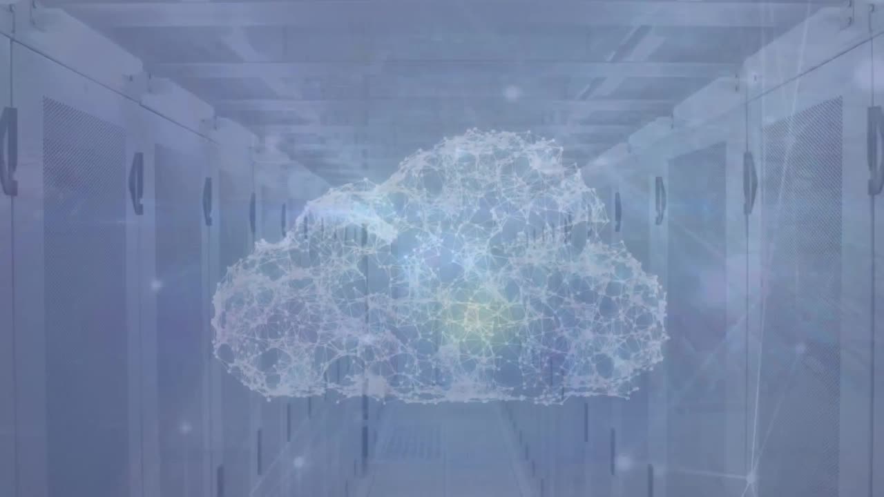 Animation of network of connections with cloud icon over server room