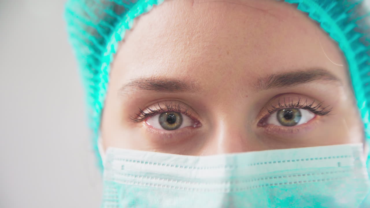 Doctor in medical mask and hat in the dental office looking into the camera