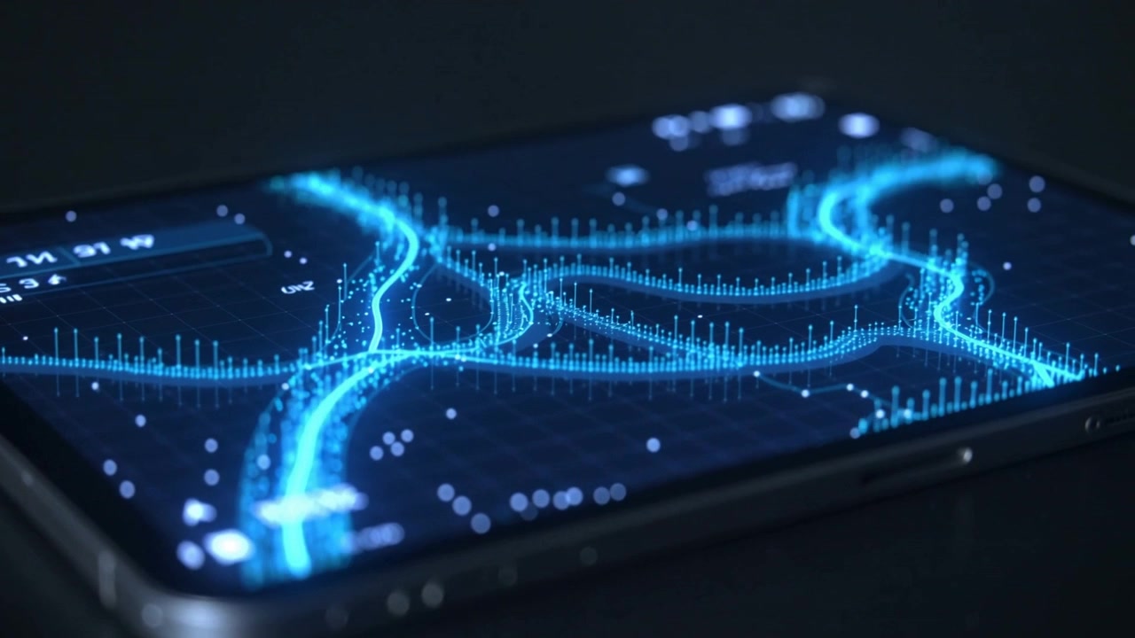 Playback starting phone showing 3D-grid for analysis on table metal frame and volume buttons seen