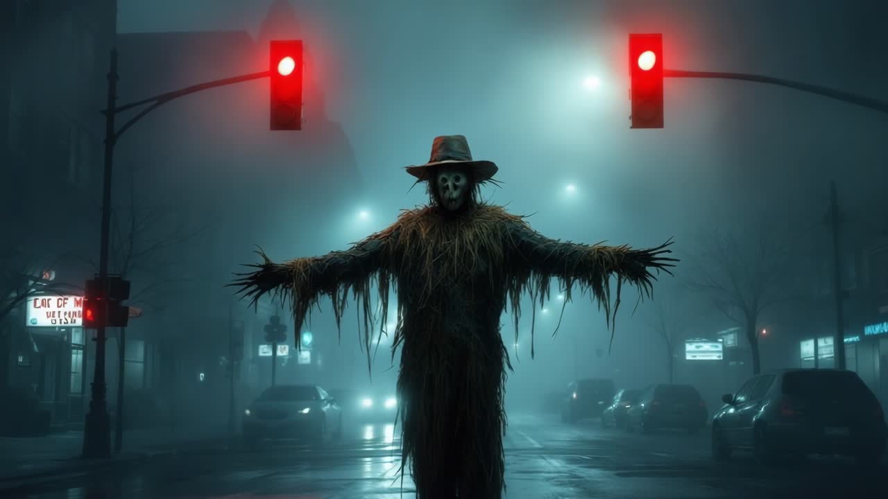 Eerie figure in foggy street with red traffic lights creating a suspenseful atmosphere