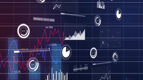 animation of statistical data processing over grid network against purple gradient background