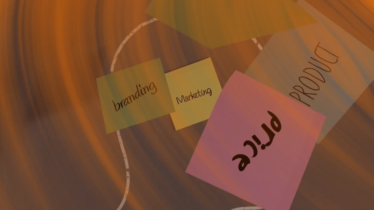 Branding, marketing, and product text animation over colorful sticky notes