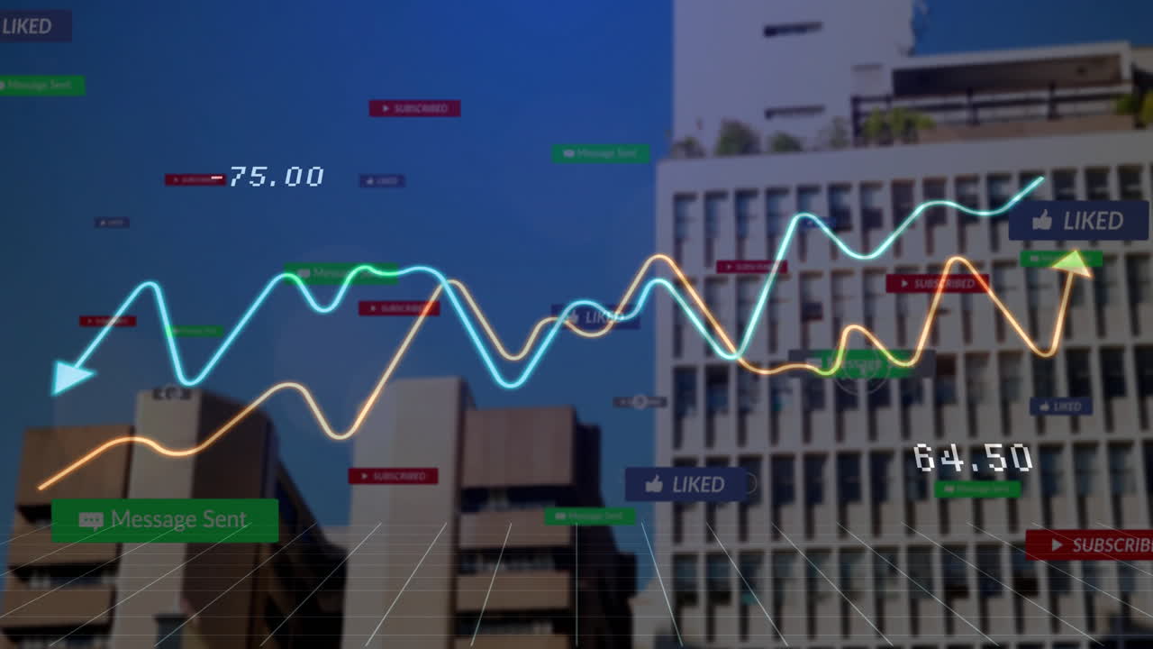 Office complex being 3D-rendered under clear sky, showing neon graphs and floating badges over grid
