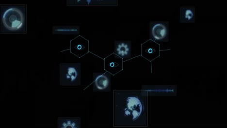 Animation-of-data-processing-with-globes-on-black-background