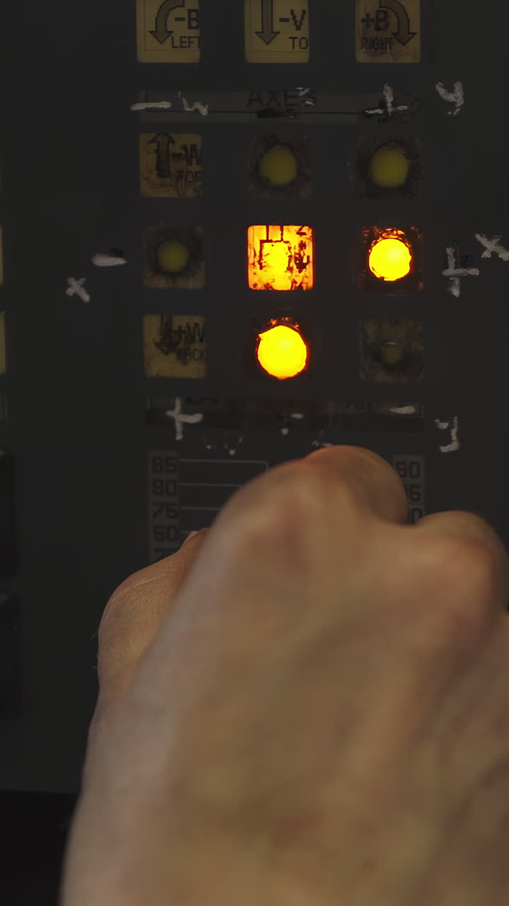 Close-up of a hand operating an industrial control panel with glowing buttons