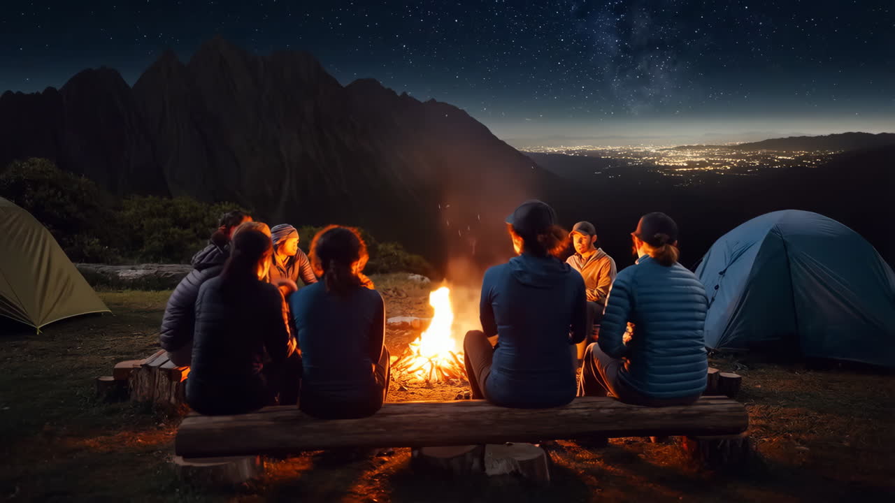 Night Camping in the Mountains with Campfire and Stargazing