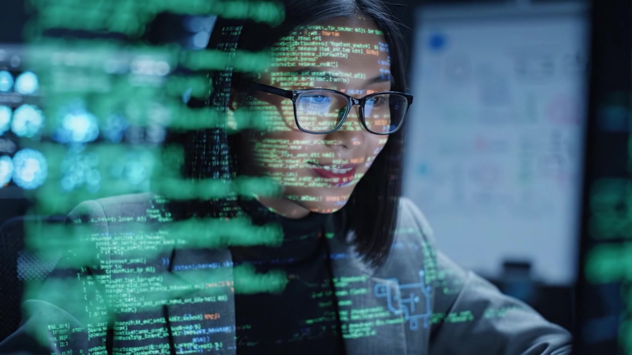 A Focused Programmer Analyzing Complex Code in a High-Tech Workspace, Surrounded by Data Visualizations and Graphical Displays for Effective Software Development