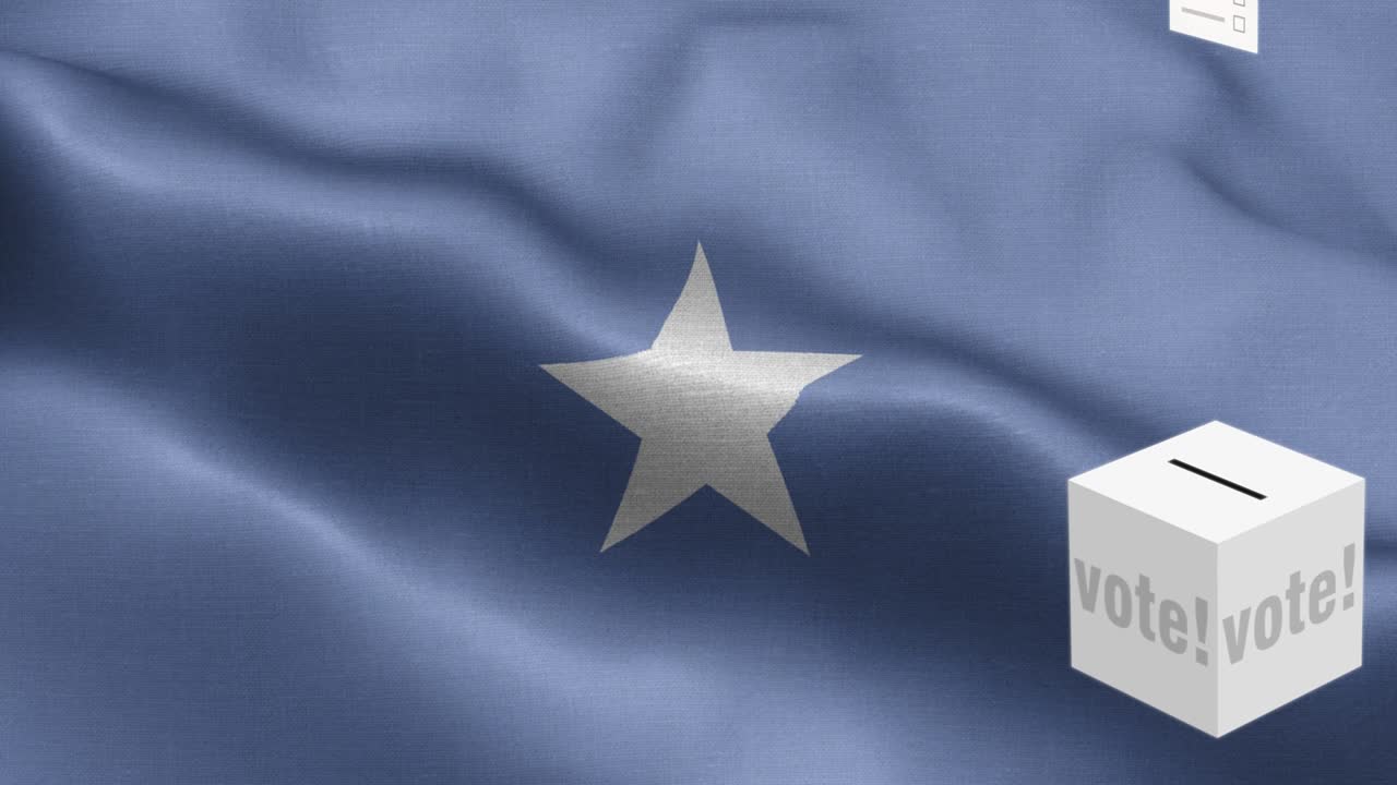 las papeletas de votación vuelan a la caja para la selección de somalia - caja de votación frente a la bandera - elección - voto - bandera de somalia (bandeira de somalia) alto detalle - bandera nacional somalia patrón de ondas elementos loopable