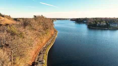 high altitude and reverse tracking motion over the shoreline road