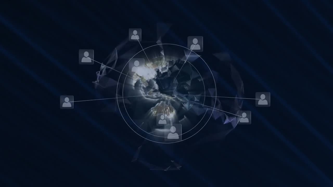 검은 바탕 위에 아이콘과 글로브로 연결된 네트워크의 애니메이션