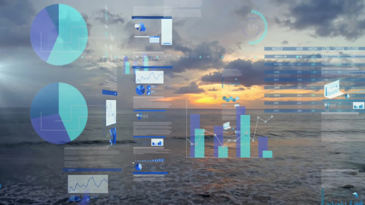Graphs and charts animation over ocean sunset scene