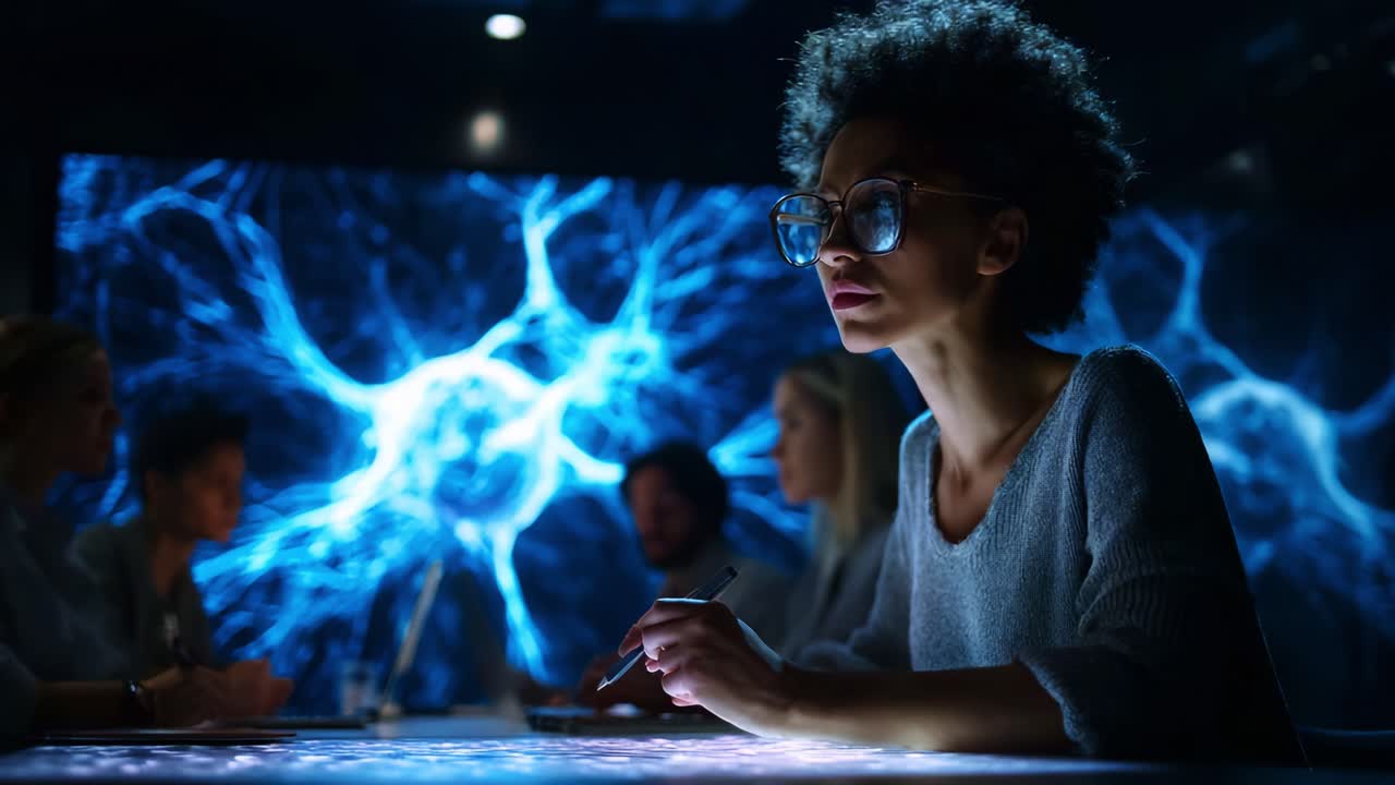 A focused individual examines intricate data while surrounded by colleagues, with vibrant neural network visualizations illuminating the darkened workspace, highlighting intense collaboration and innovation