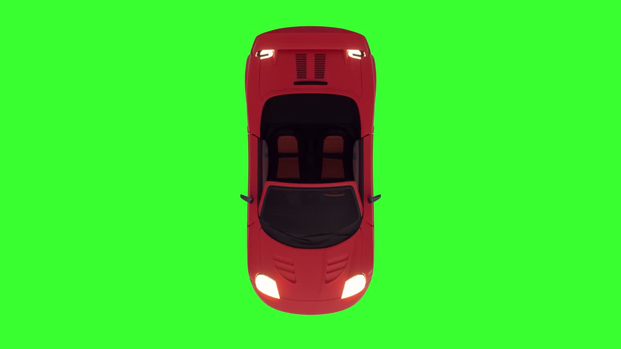 una animación en bucle de un automóvil deportivo descapotable rojo en un fondo verde. vista superior