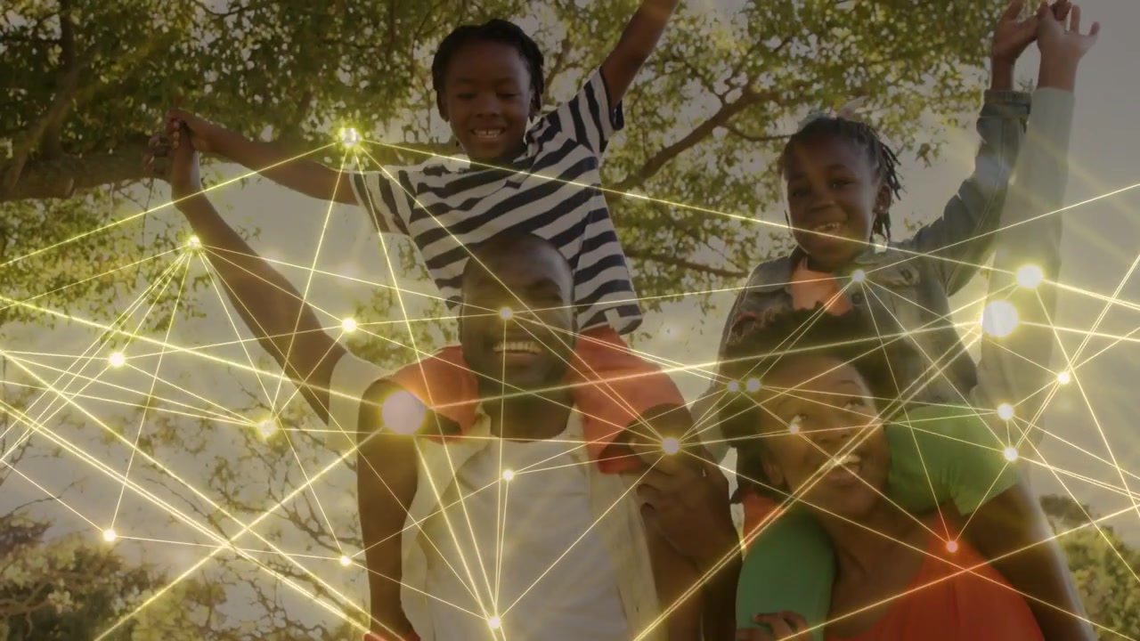 Parents and kids standing beneath tree, glowing IT node network sweeping frames revealing faces