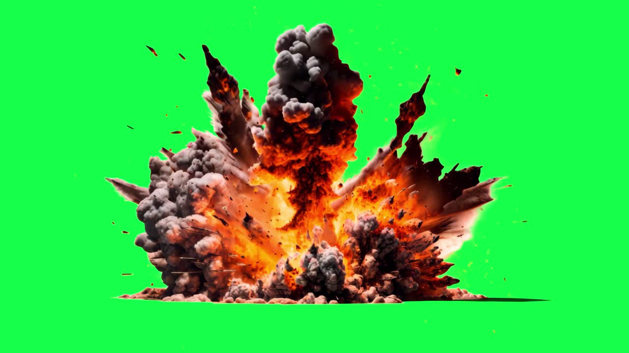 Massive explosion animation, transparent 4K video, green screen