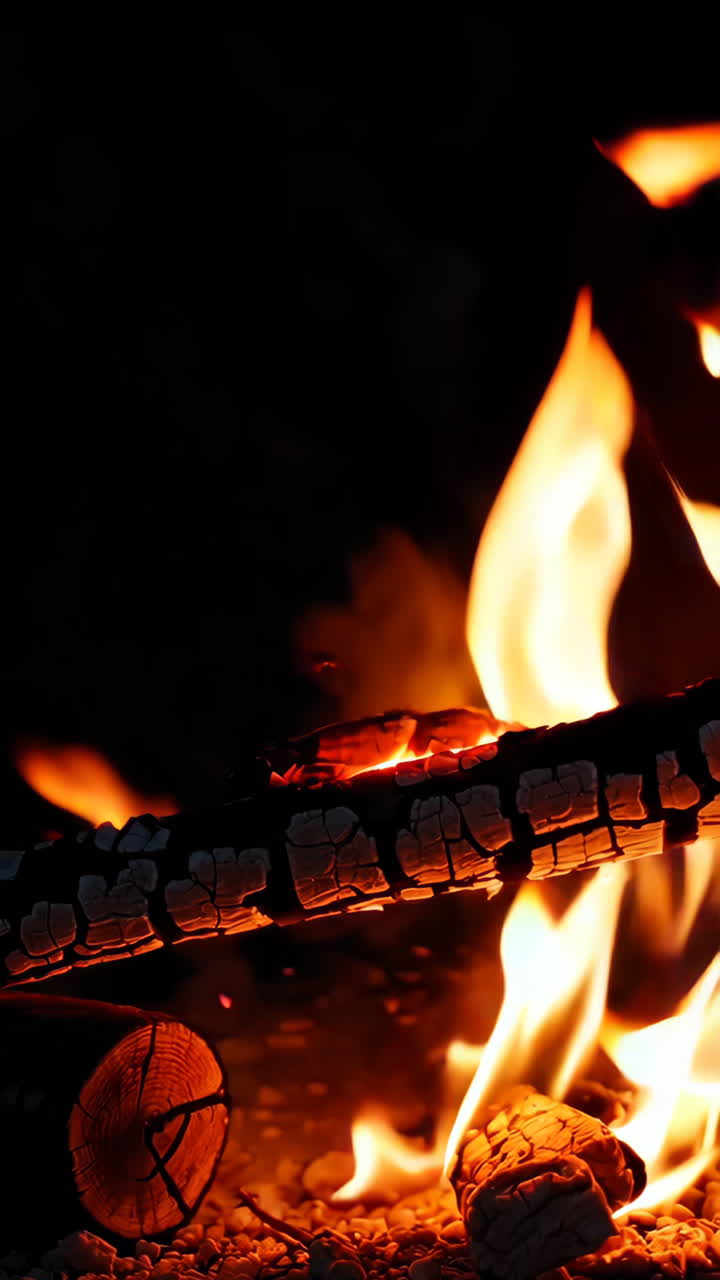 Close-up of a Bonfire with Burning Logs and Flames