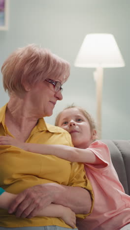 adorable little children hug happy grandmother playing in living room slow motion. grandchildren visit senior woman. love generation relationship in family