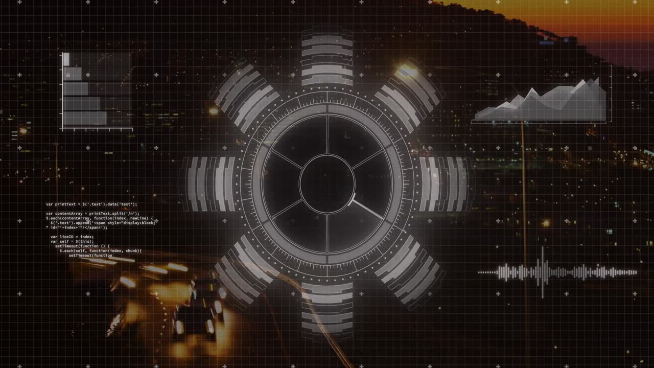 둥근 스캐너의 애니메이션과 밤에 도시 교통의 공중 전망에 대한 데이터 처리