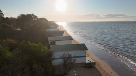 aerial view of seagull soaring above colorful beach huts, golden sunrise, tranquil coastal environment