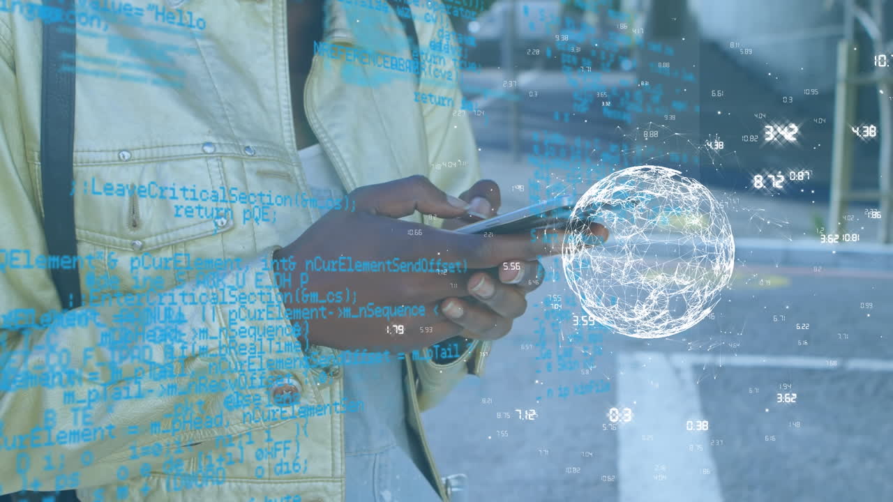 Animation of data processing and globe over biracial man using smartphone