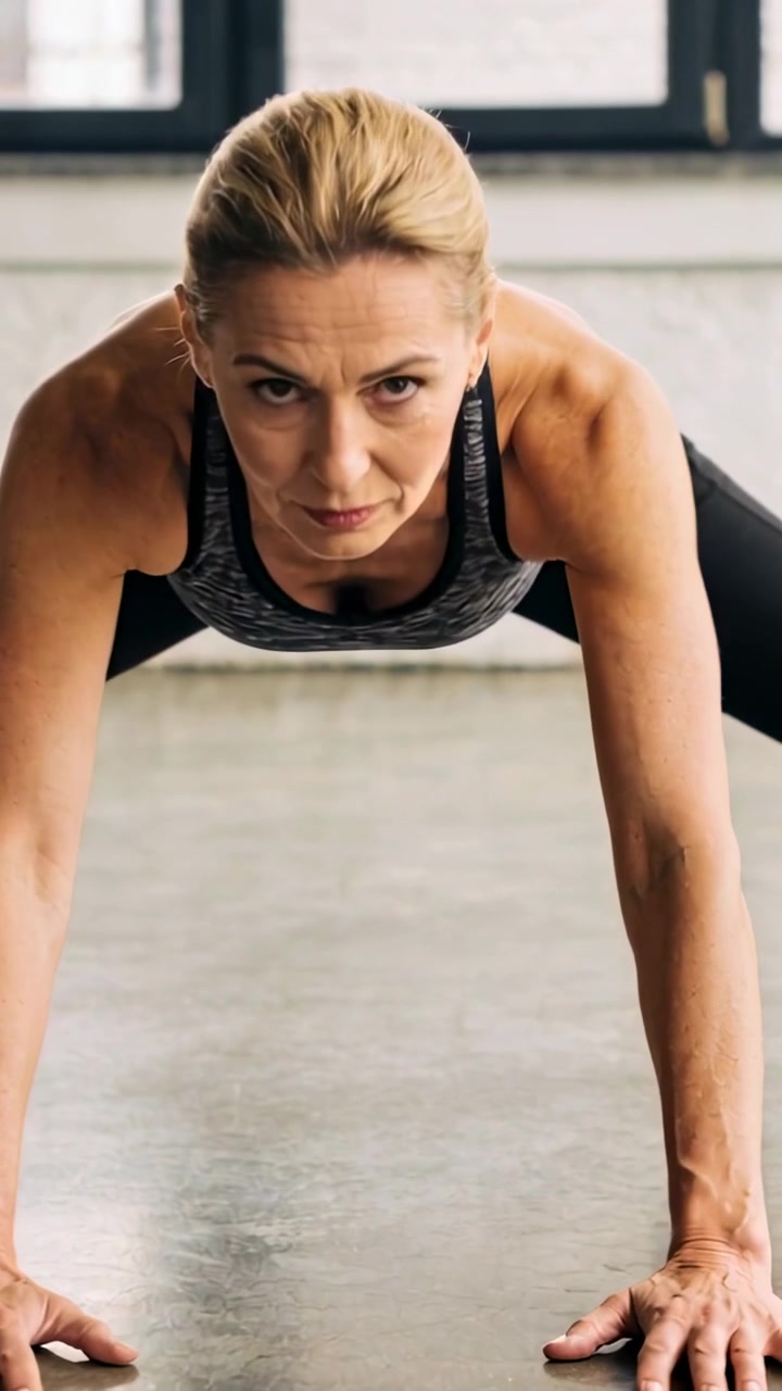 Vertical video: Cam starting, woman in black gear doing pushups in gym on floor by windows to train
