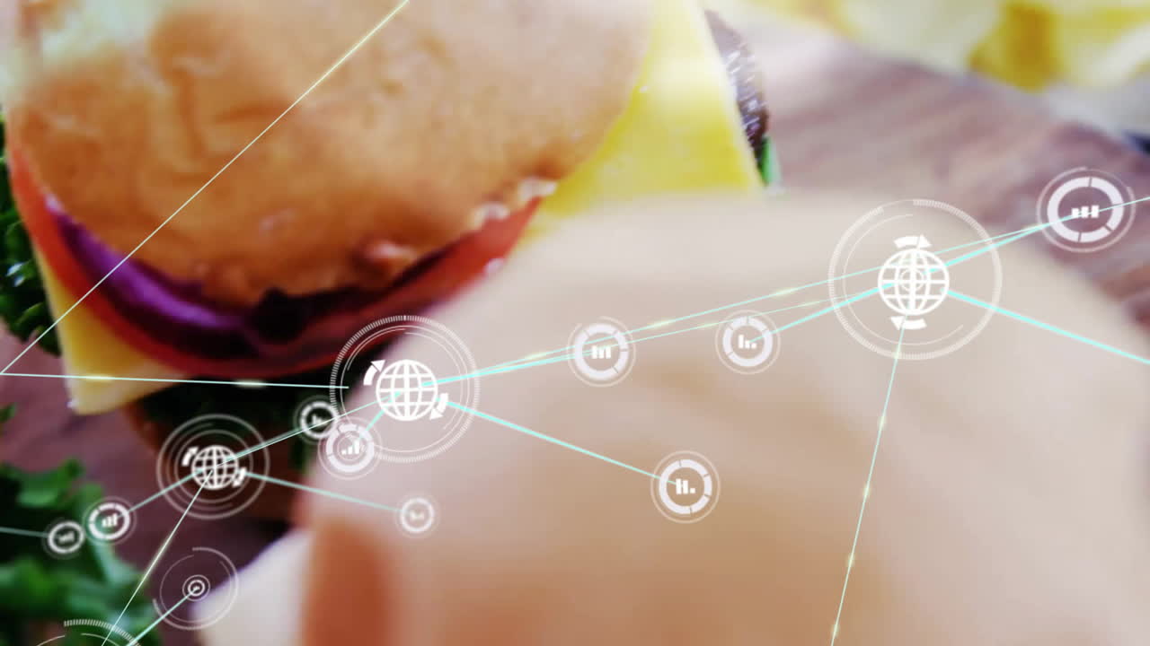 animación de la red de comunicación global sobre hamburguesas y la bandera estadounidense taza de cola y paja