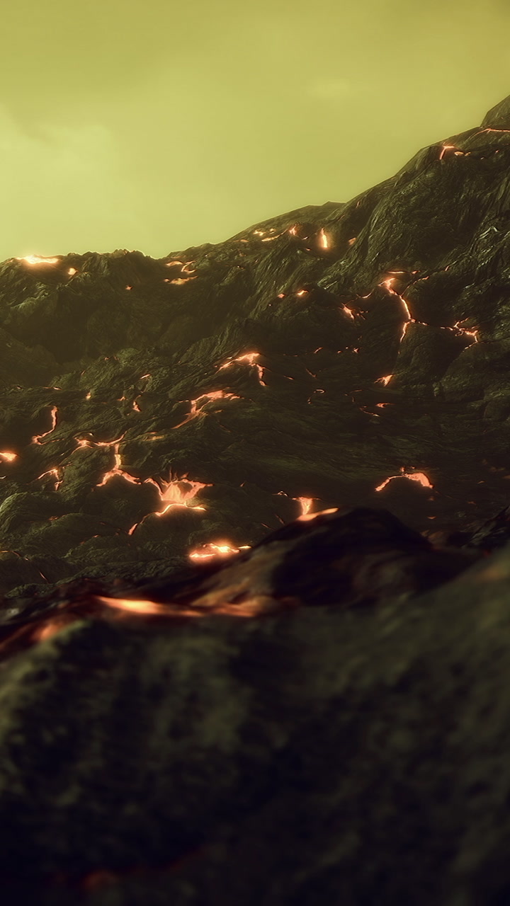 Fiery volcanic landscape with flowing lava near the crater at sunset