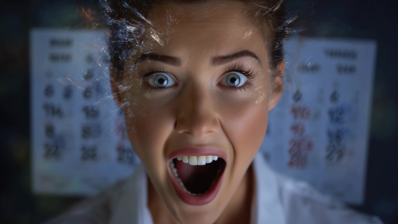 A woman expresses intense emotions in a striking close-up, showcasing her shocked reaction with vivid eyes and dynamic hair, set against a blurred background with calendars.