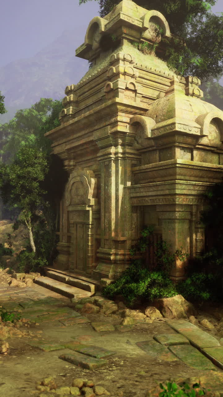 Ancient temple ruins nestled in a lush jungle surrounded by vibrant foliage